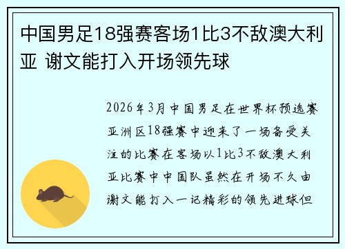 中国男足18强赛客场1比3不敌澳大利亚 谢文能打入开场领先球