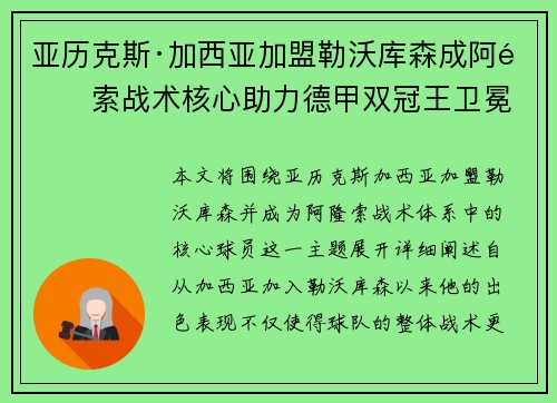 亚历克斯·加西亚加盟勒沃库森成阿隆索战术核心助力德甲双冠王卫冕