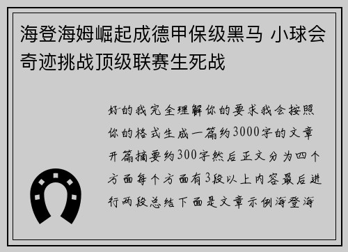 海登海姆崛起成德甲保级黑马 小球会奇迹挑战顶级联赛生死战