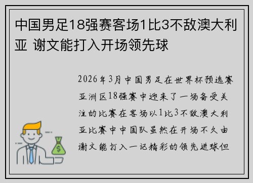 中国男足18强赛客场1比3不敌澳大利亚 谢文能打入开场领先球
