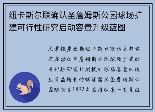 纽卡斯尔联确认圣詹姆斯公园球场扩建可行性研究启动容量升级蓝图 纽卡斯尔联确认圣詹姆斯公园球场扩建可行性研究启动容量升级蓝图