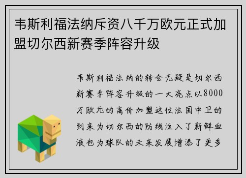 韦斯利福法纳斥资八千万欧元正式加盟切尔西新赛季阵容升级